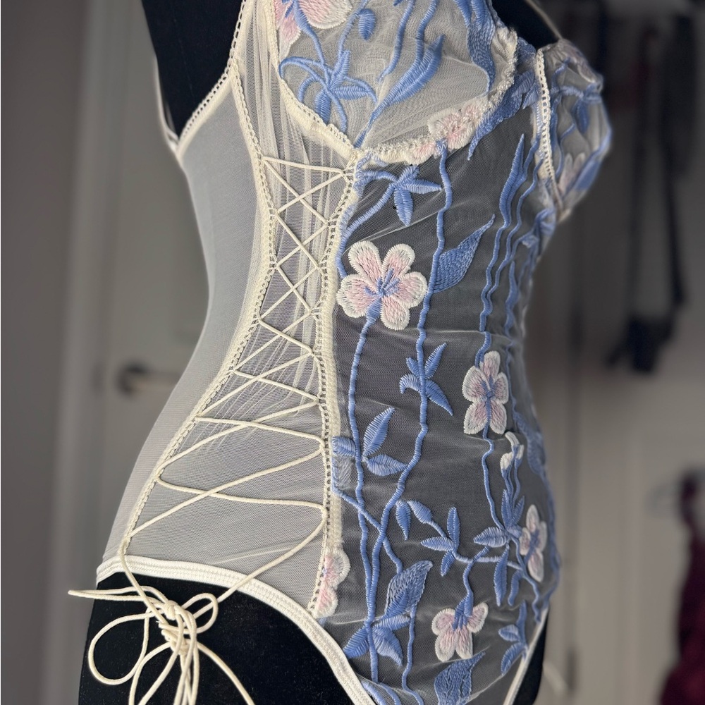 White Lace Bodysuit - very sexy pink and blue embroidery